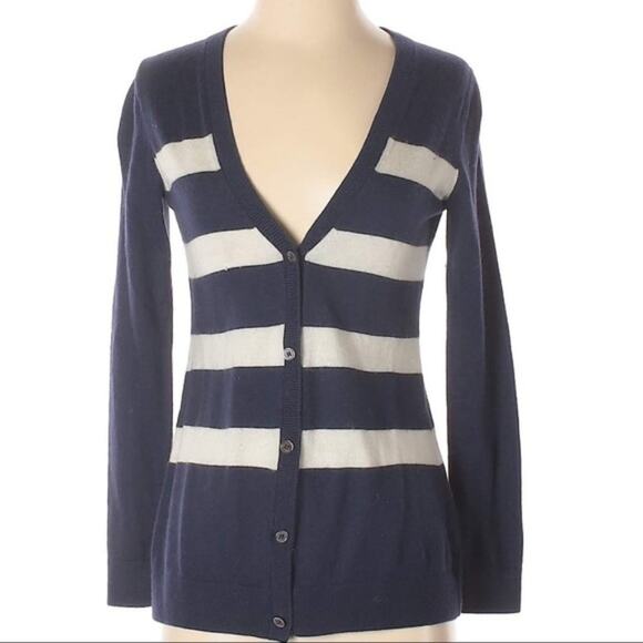 Gap dark blue white striped button up v-neck cardigan sweater - Picture 1 of 8